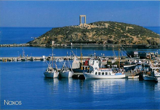 Naxos port and Portara on Naxos Island Greece
