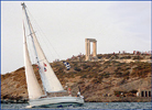 Sailing boat near Portara in Naxos
